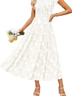 Smocked Bodice White Floral Maxi Dress